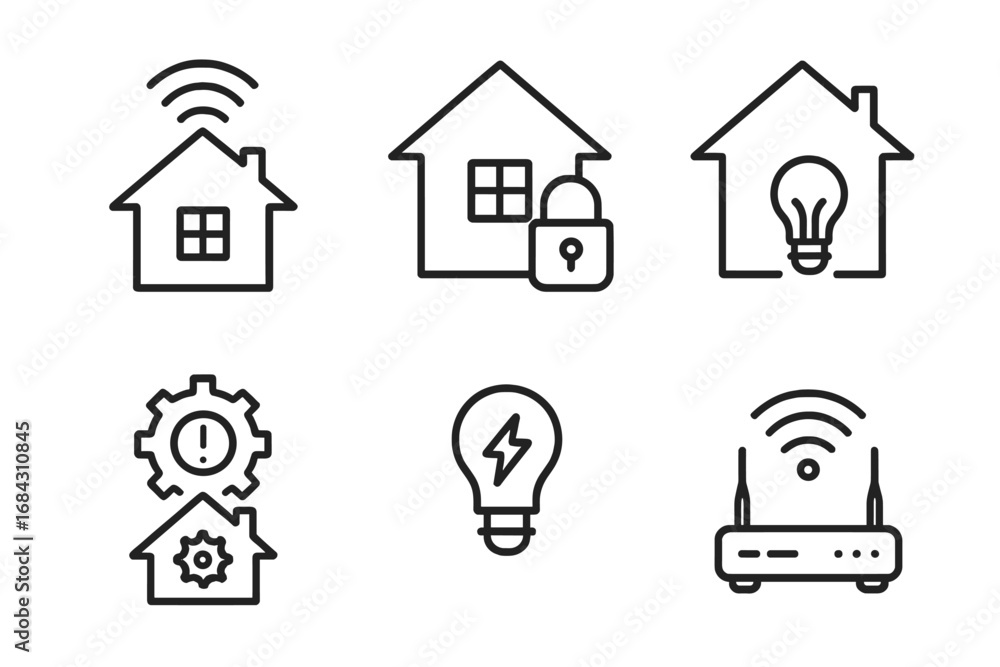 Poster smart home technology outline icon set. vector symbols for home automation, security system, energy 