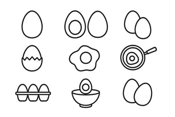 Egg icon set for cooking and breakfast food. Vector line art collection with fried, boiled, cracked eggs, and omelette in a pan. Editable stroke for web, app design.