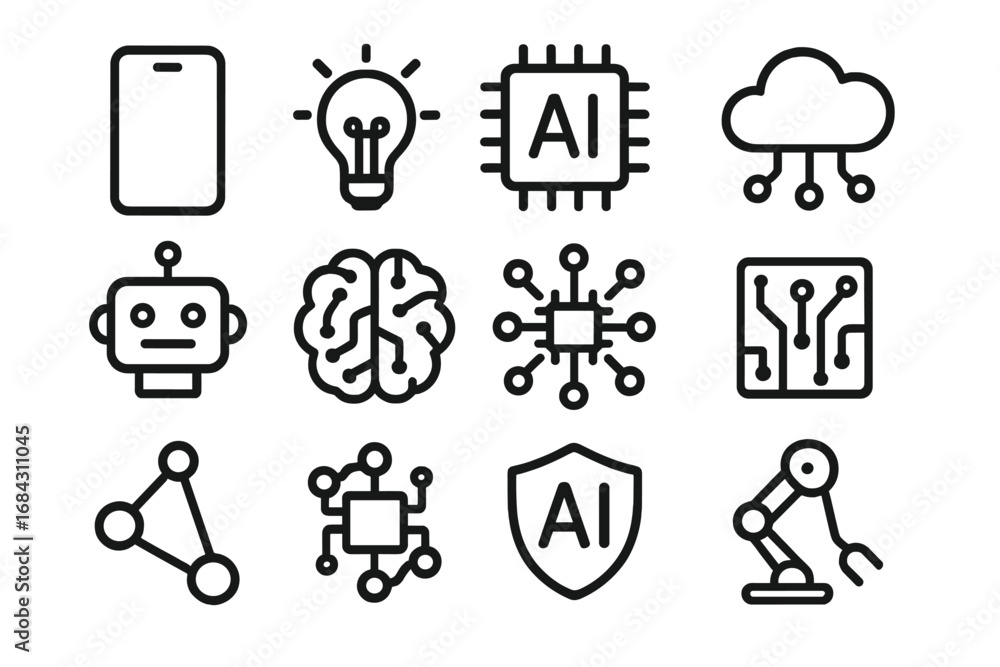 Poster artificial intelligence and technology line icons set. ai chip, brain, robot, neural network, cloud 