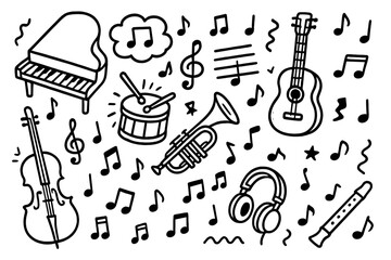 Obraz premium Music instruments doodle set. Hand drawn cartoon vector illustration collection with piano, guitar, drum, trumpet, violin, flute. Musical notes, sound and melody icons.