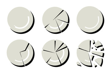 Broken ceramic plate vector illustrations, cracked dish fragments shatter pieces, damaged crockery set, kitchen accident debris graphics