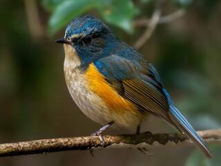森の深い藪の中で周りを見渡しているルリビタキの雄のクローズアップ