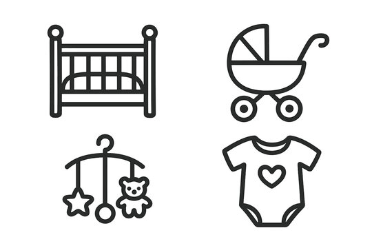 Newborn baby essentials icon set. Minimalist line art illustration with crib, stroller, toy mobile, and clothing. Vector graphic collection for baby shower invitation or nursery.