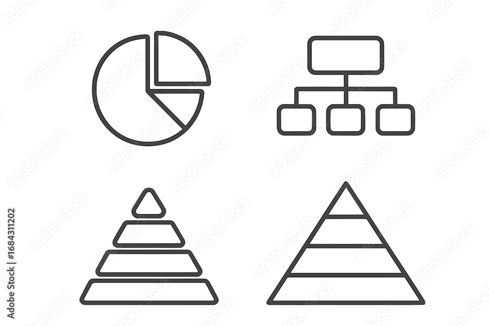Poster pie chart, hierarchy, and pyramid diagram icon set. thin line infographic elements for data visualiz