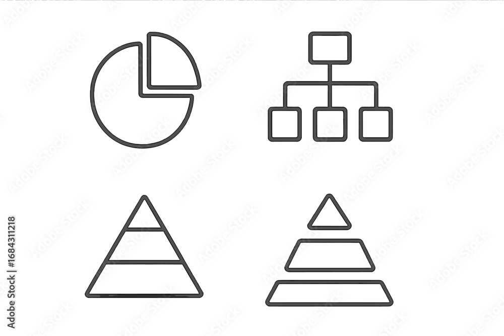 Poster vector infographic elements icon set. thin line icons of pie chart, organizational hierarchy, pyrami