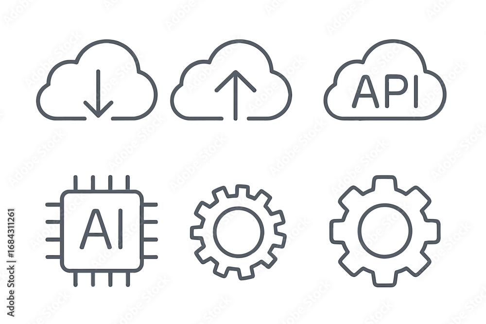 Poster cloud computing api ai line icon set. download upload cloud storage, artificial intelligence chip, a