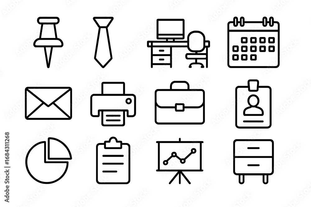 Poster office line icon set. business management and workspace outline symbols. modern vector pictogram col