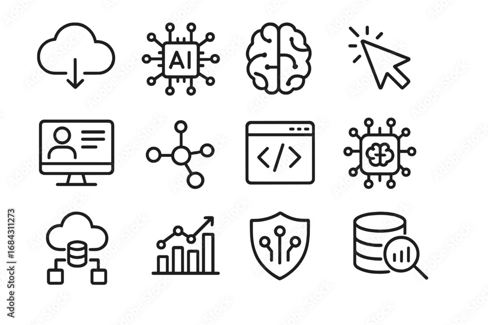 Poster technology ai data line icon set, cloud computing, analytics, machine learning, artificial intellige