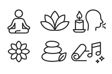 Yoga and meditation line icon set for wellness and relaxation. Minimalist vector symbols of lotus pose, zen stones, candle, breathing exercise, and aromatherapy for spa concepts.