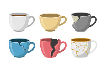 Broken ceramic coffee cup illustration set, cracked tea mugs with visible fractures, damaged pottery vector graphics collection