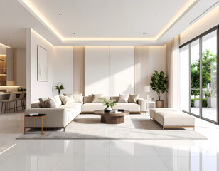 Fototapeta premium Modern living room design with white sofa and marble floor interior decor