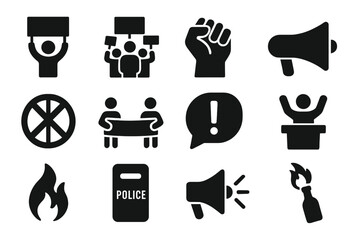 Protest and activism solid glyph icon set. Demonstration, revolution, and resistance concept. Riot police, strike, raised fist, banner, megaphone, molotov cocktail.