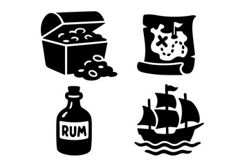Pirate adventure icon set with treasure chest, gold coins, island map, rum bottle, and sailing ship. Vector cartoon silhouette illustration for sea exploration and hunting.