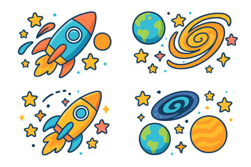 Space cartoon vector elements collection. Cute kid's illustrations of rockets, planets, Earth, galaxies, and stars. Playful cosmic design for children's prints, stickers, and decor.