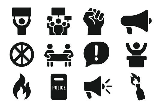 Protest and activism solid glyph icon set. Demonstration, revolution, and resistance concept. Riot police, strike, raised fist, banner, megaphone, molotov cocktail.
