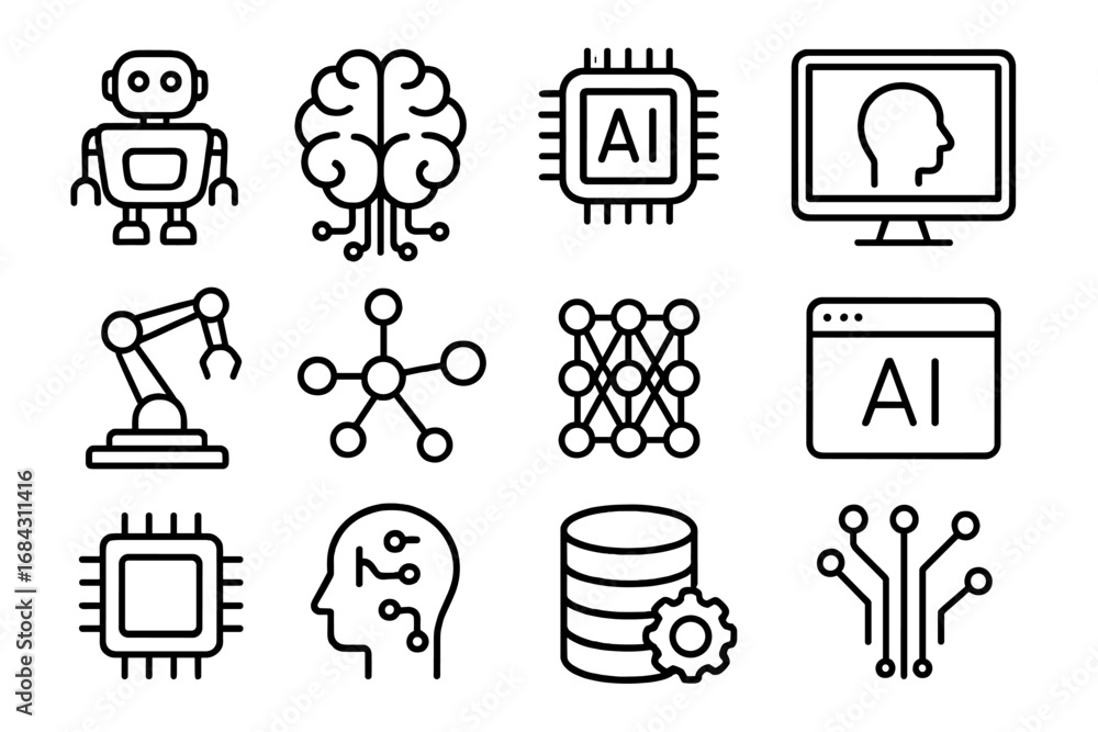 Aufkleber artificial intelligence technology outline icon set. robotics, ai chip, brain, machine learning, net