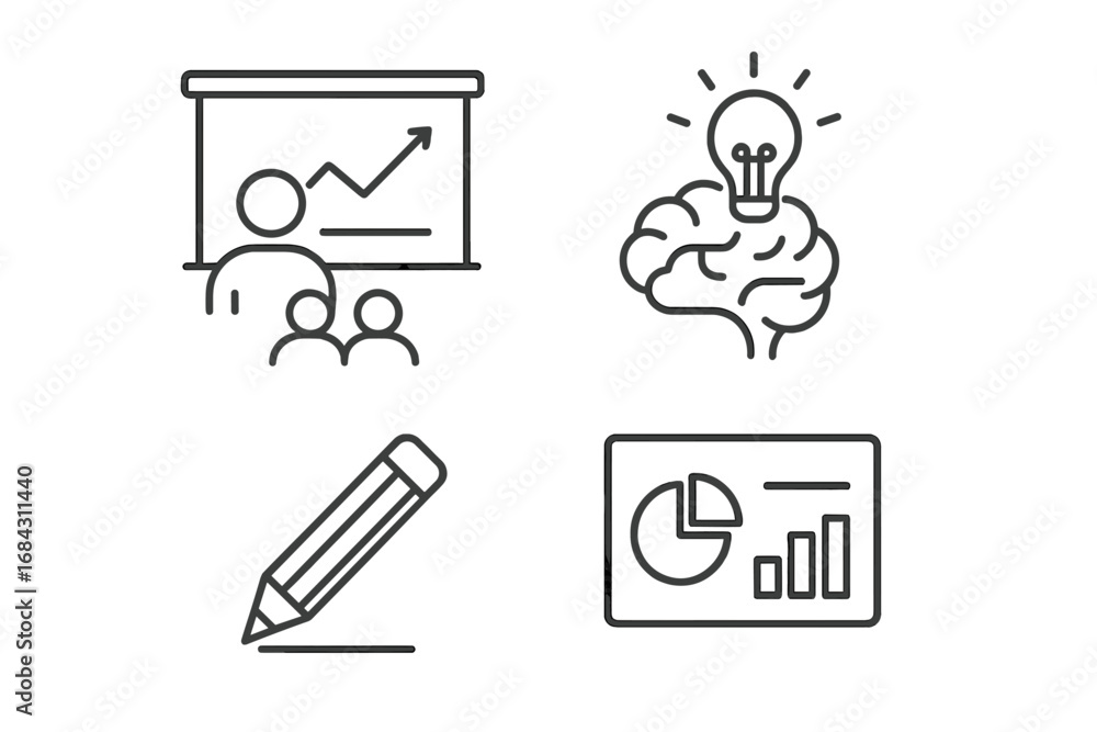 Poster business presentation line icon set. brainstorm, idea, data analysis, and report symbols. minimalist