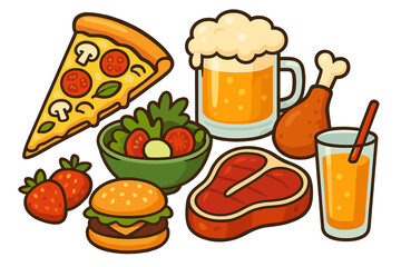Food and drink collection. Set of cartoon icons for restaurant menu. Fast food meal with pizza, burger, beer, juice, salad, steak, chicken. Vector illustration sticker pack.