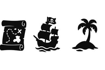 Pirate adventure icon set. Silhouette collection of a treasure map, ship, and island. Vector cartoon illustration for a sea journey, treasure hunt, and maritime exploration.