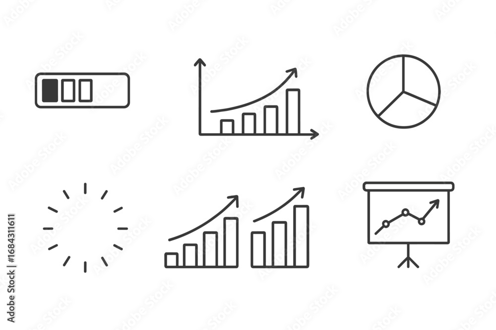 Poster vector line icon set of progress bar, loading spinner, statistics diagram. bar chart, pie chart, pre