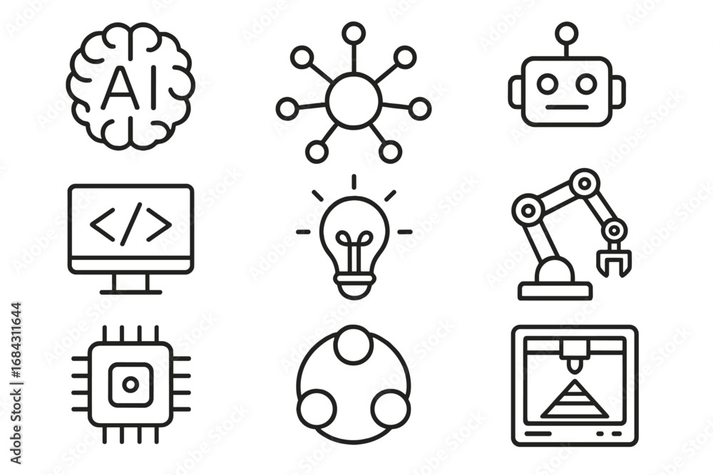 Poster technology innovation outline icon set, artificial intelligence, network, robotics, machine learning
