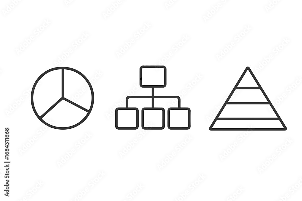 Aufkleber pie chart, hierarchy, and pyramid icon set. thin line vector graphics for business data visualizatio