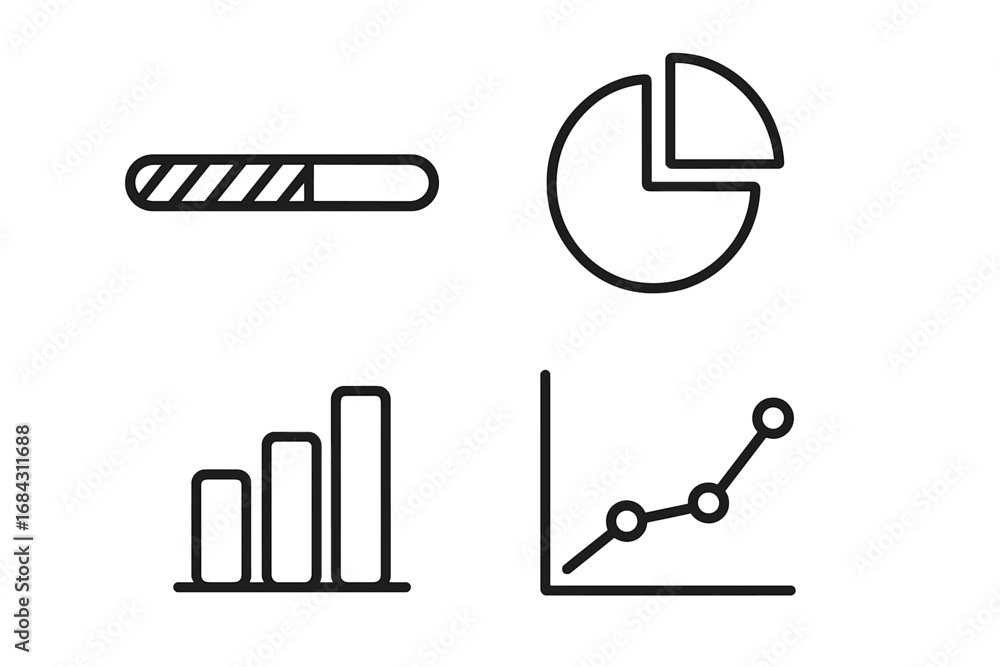Poster data visualization and statistics line icon set. contains progress bar, pie chart, bar and line grap