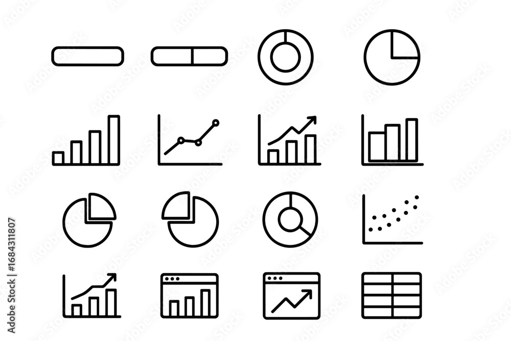 Poster statistics and analytics line icon collection. minimalist vector diagrams for infographics. set of o