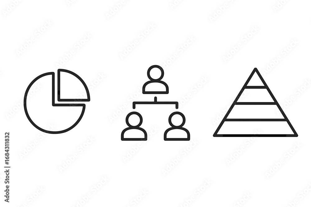 Poster infographic elements icon set with pie chart for data, organizational hierarchy chart, and pyramid d