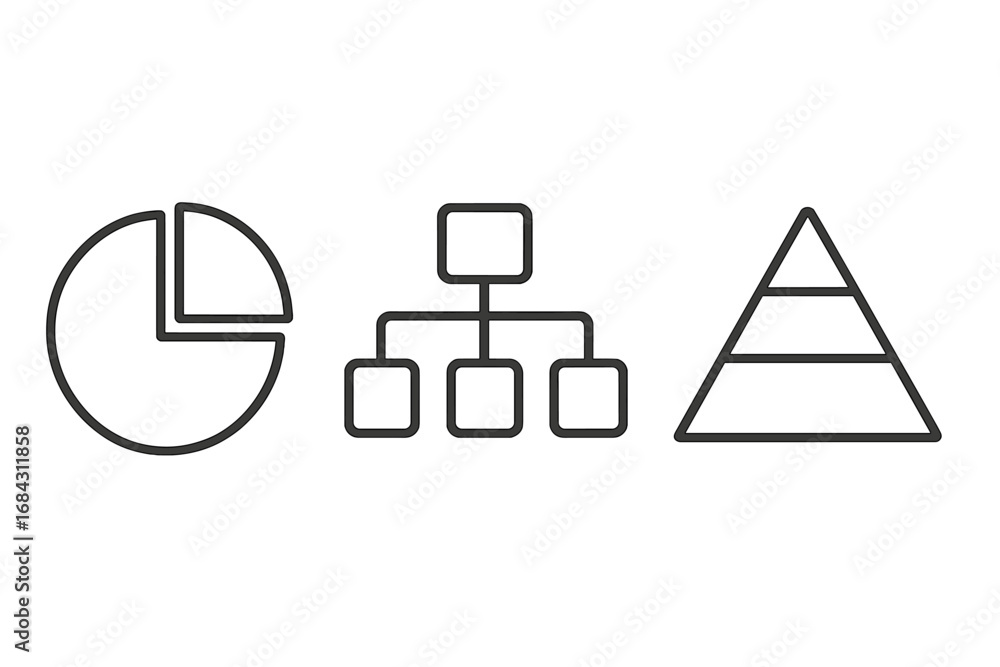Fototapete pie chart, hierarchy and pyramid vector icon set. thin line infographic elements for data analysis, 