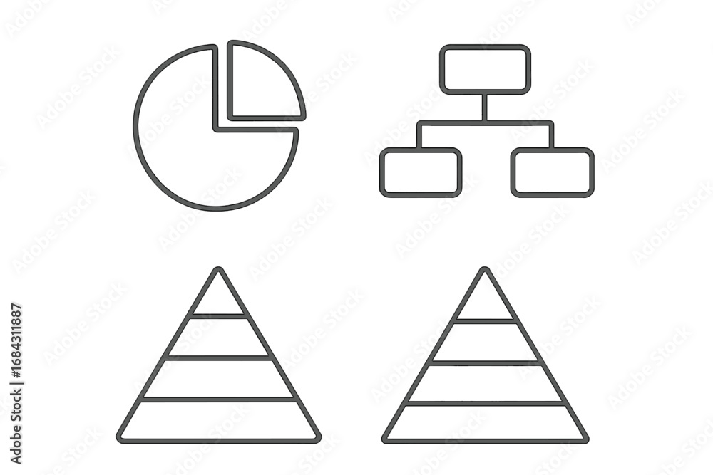 Aufkleber infographic elements icon set. pie chart, hierarchy diagram, and pyramid chart for business data vis