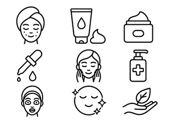 Skincare line icon set. Beauty, cosmetic and dermatology symbols. Face care, hygiene and wellness routine. Natural treatment pictogram collection. Vector outline illustration.