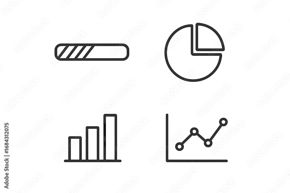 Fototapete data analysis line icon set. progress bar, pie chart, bar chart, graph diagram. business statistics 