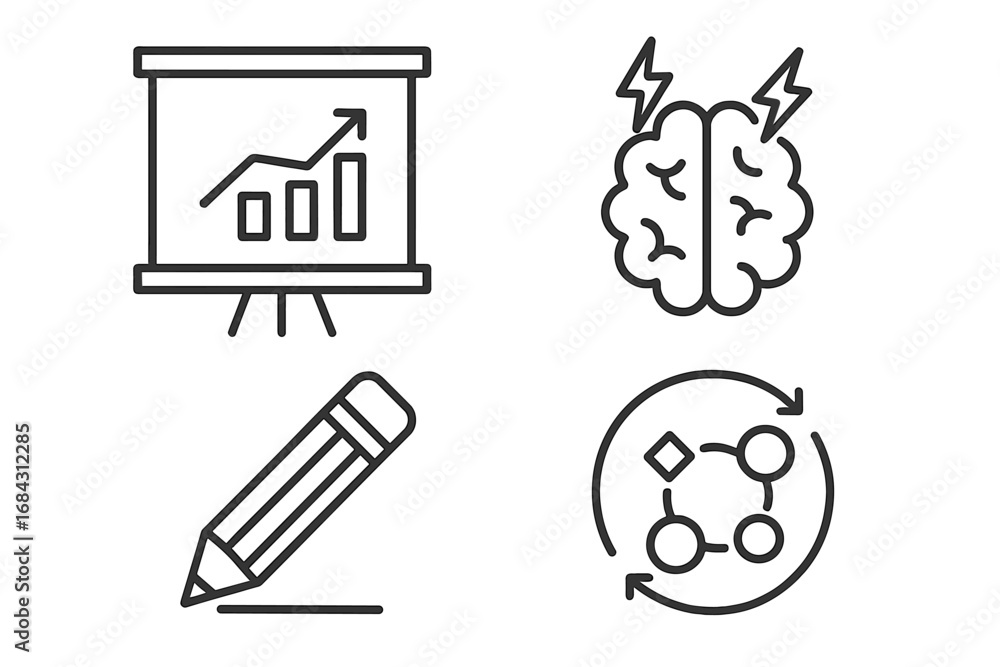 Poster business line icon set with presentation, data analysis chart, brainstorming, creative idea, writing