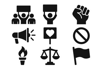 Protest and activism solid icon set for social issues. Icons for demonstration, human rights, revolution, justice, equality, and freedom. Vector glyph symbols for political march.