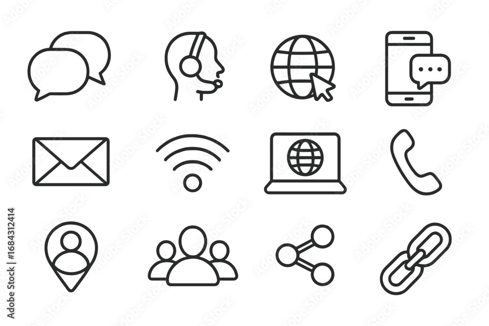 Poster communication and technology line icon set. interaction and connection vector collection. outline st