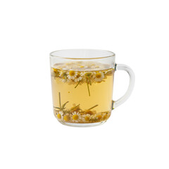 Glass mug of chamomile tea with chamomile flowers floating inside, white background