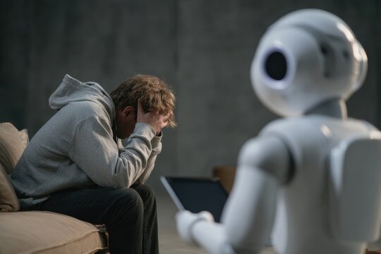 A robot designed like a psychologist chats with a depressed patient, showcasing the fusion of psychology and AI.