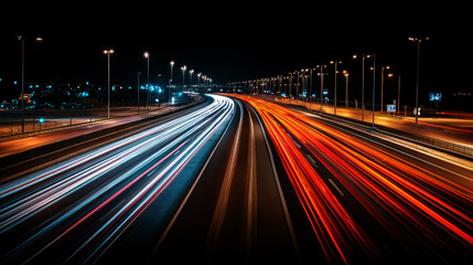 Obraz premium Long exposure of a road with light trails of passing vehicles.