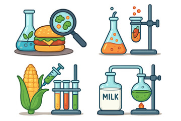 Food science vector icon set. Lab experiments with GMO corn, cultured meat, and milk analysis. Biotechnology, food safety inspection, and modern food production cartoon concept.