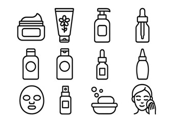 Skin care and beauty outline icon set. Vector collection of cosmetic products for face cleansing routine. Cream, serum, lotion, soap, spray and face mask line art symbols.