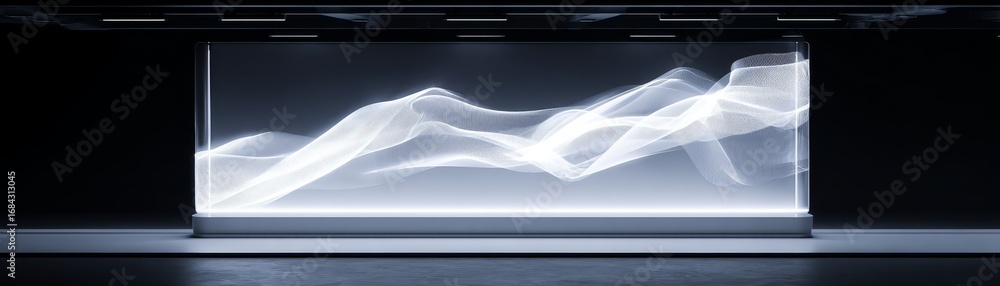 Poster dynamic wave pattern on expansive white digital display, a captivating visual spectacle