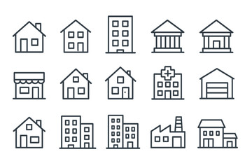 Various Houses and Constructions Line Icon Collection, Modern Linear Design for Websites, Apps, Cards Featuring Apartment Buildings, Banks, Houses, Factories, Shops, Hospitals, Garages and More
