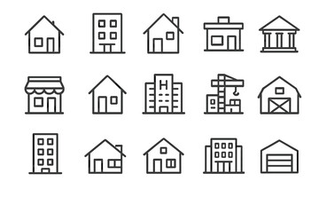 Fototapeta premium Various Houses and Constructions Line Icon Collection, Modern Linear Design for Websites, Apps, Cards, Featuring Apartments, Banks, Hospitals, Shops, Cranes, Barns, and Garages