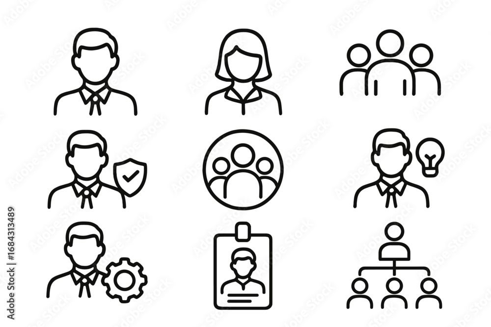 Aufkleber business and staff icon set. outline vector icons for web and ui design. includes team, hierarchy, m