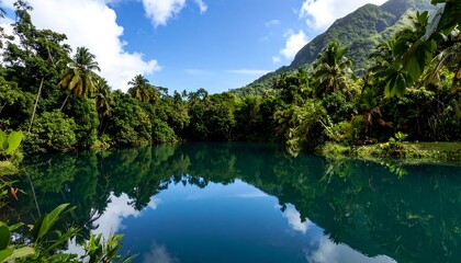 Serene tropical lagoon reflecting a vibrant sky. Lush greenery surrounds a calm, dark blue body of water