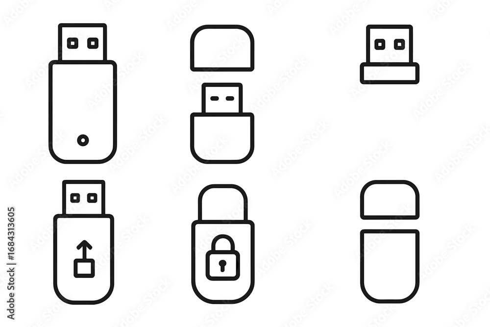 Poster usb stick outline icon set. flash drive and memory stick vector symbols. data storage, transfer, and