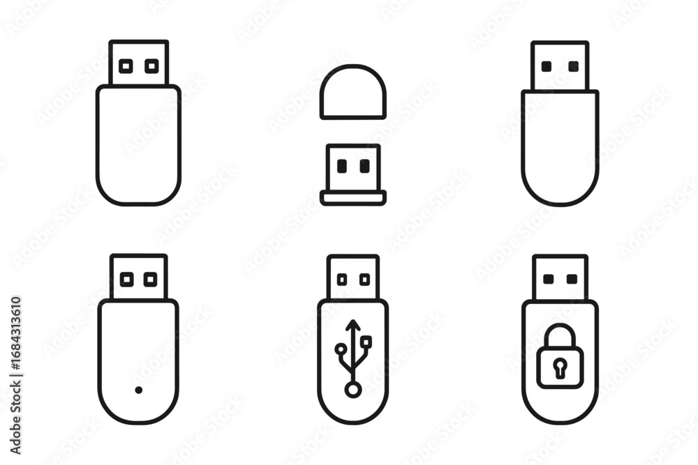 Aufkleber usb stick icon set in a minimal outline style. vector graphic collection of flash drives and memory 