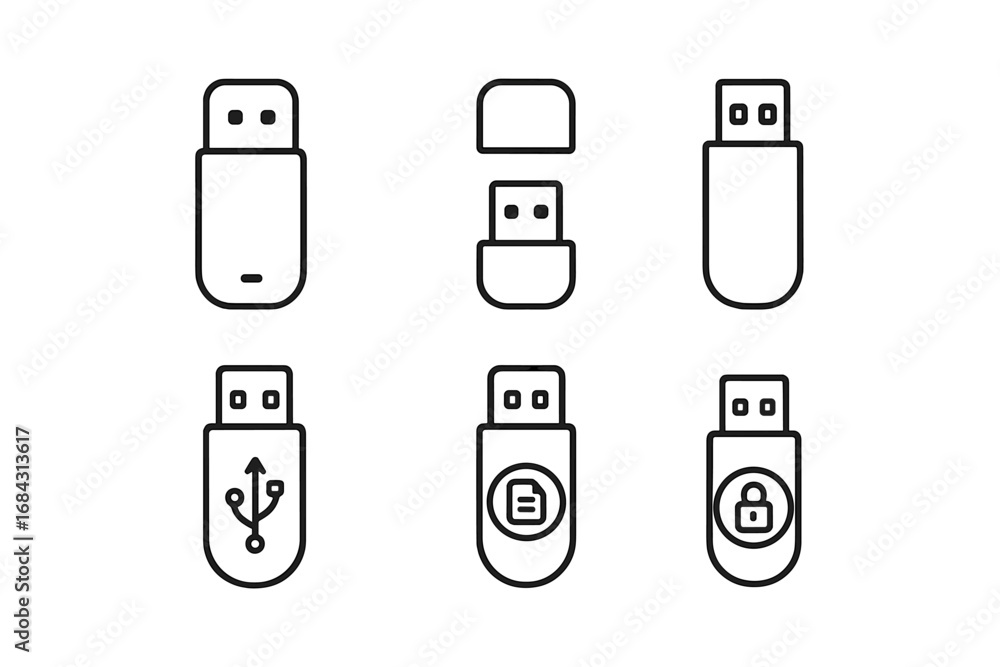 Poster usb flash drive outline icon set. vector linear pictogram collection of memory sticks. includes pen 