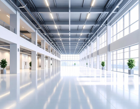 Modern industrial warehouse interior design with polished concrete floor